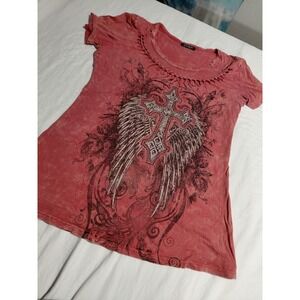 Cotty On distressed Y2K grunge/gotic aesthetic cross & wing graphics Sz L Fit M